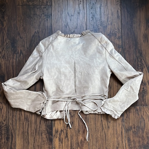 Lisii Tan Leather Cropped Open Jacket with Ruffle Trim - Picture 10 of 11